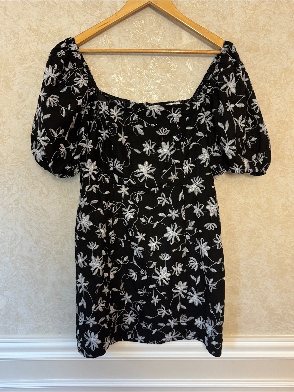 Blue Rain Black Dress with White Floral Embroidery